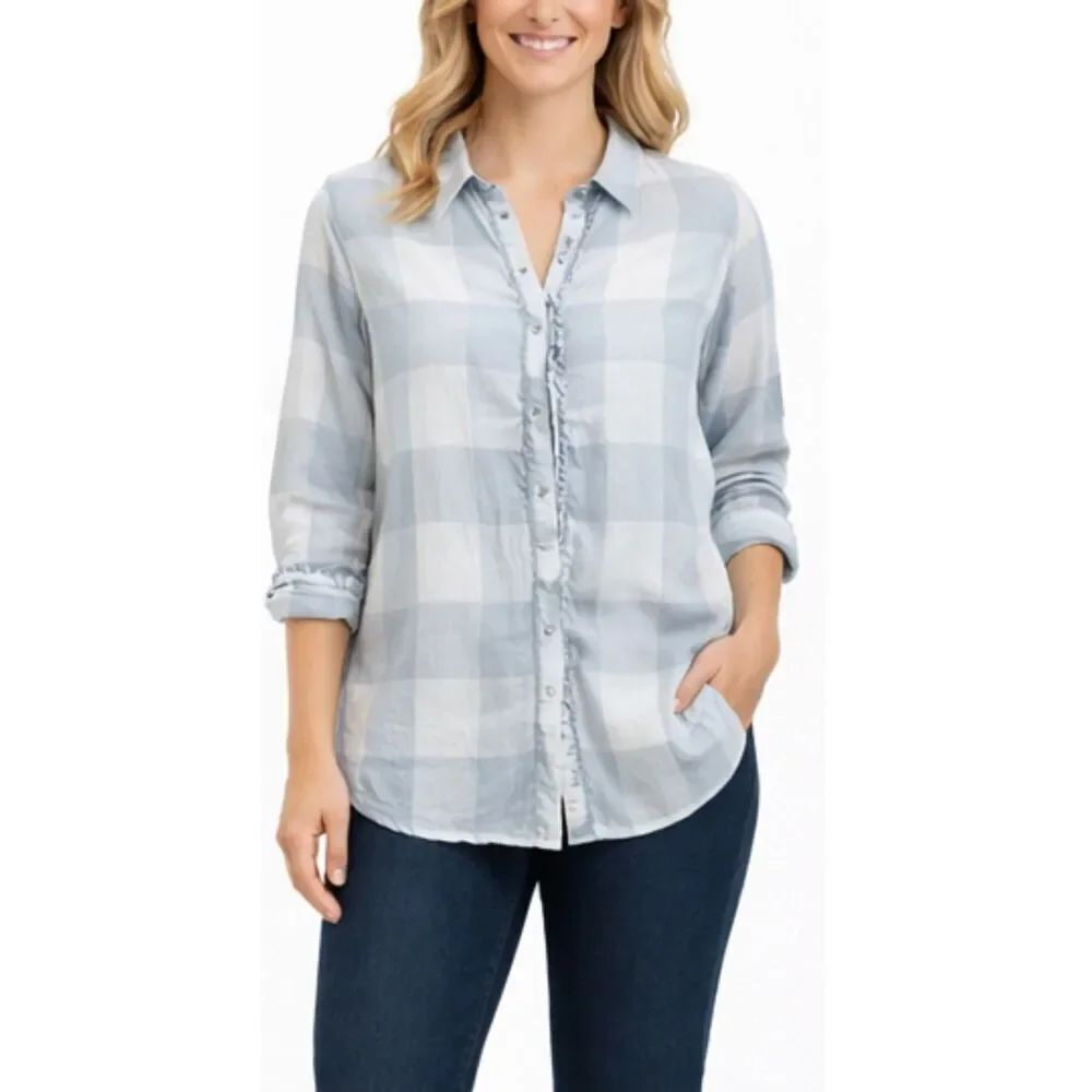 Aerie grey plaid ruffled button down size xs